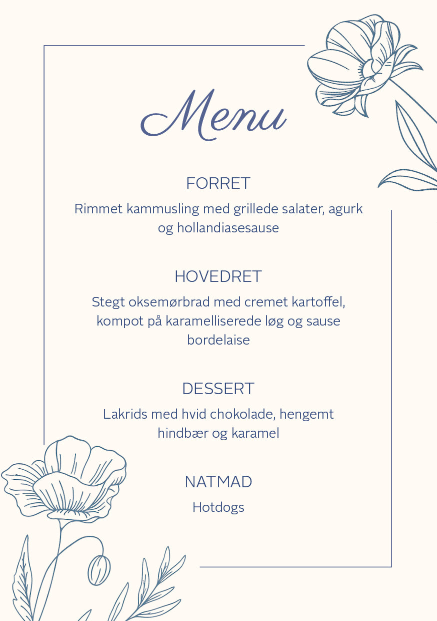 Blå Harmoni - Bryllupsmenukort